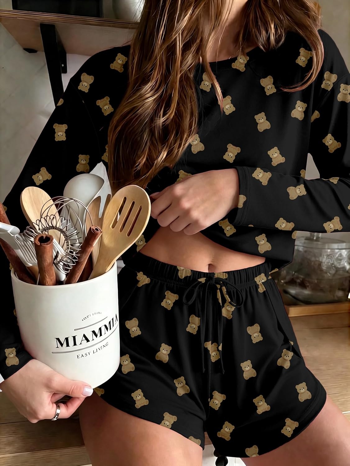 image:imageEkouaer Pajama Sets Sexy Lounge Sets Long Sleeve and Side Split Shorts PjsBlack Teddy Bear
