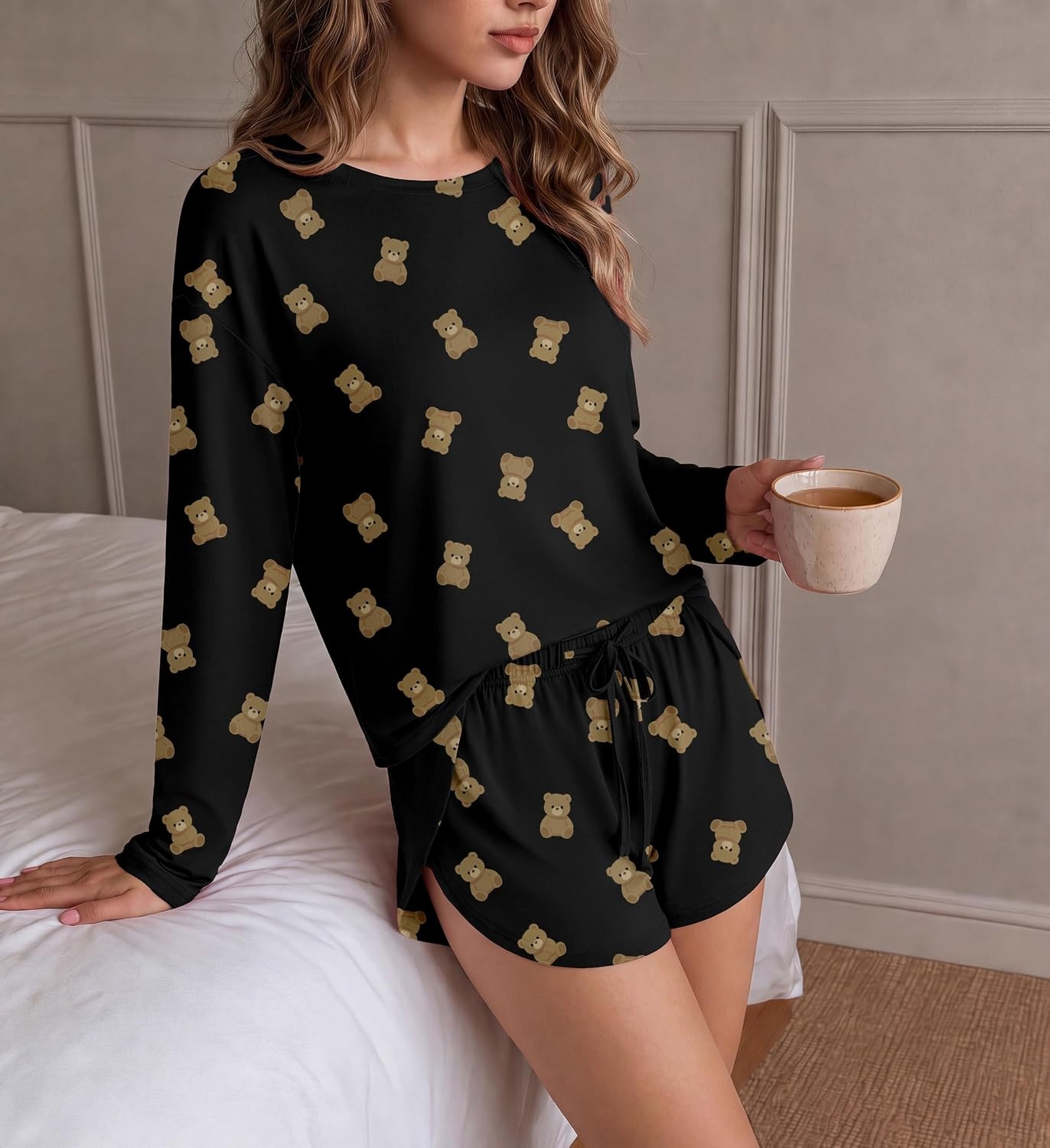 image:imageEkouaer Pajama Sets Sexy Lounge Sets Long Sleeve and Side Split Shorts PjsBlack Teddy Bear