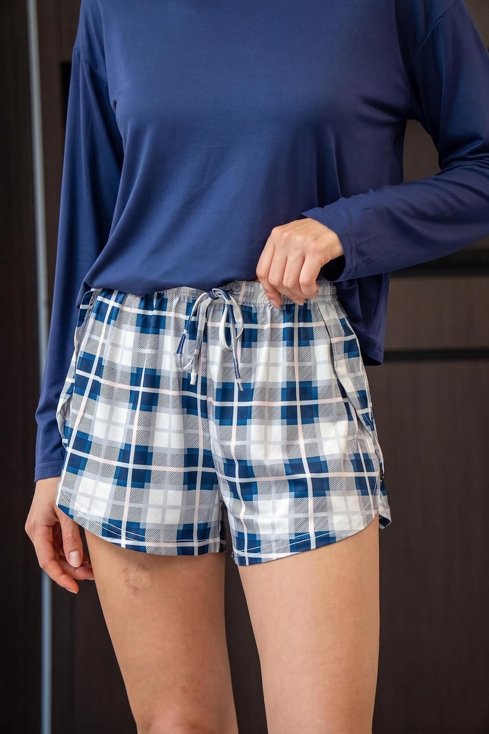 image:imageEkouaer Pajama Sets Sexy Lounge Sets Long Sleeve and Side Split Shorts PjsBlue Plaid