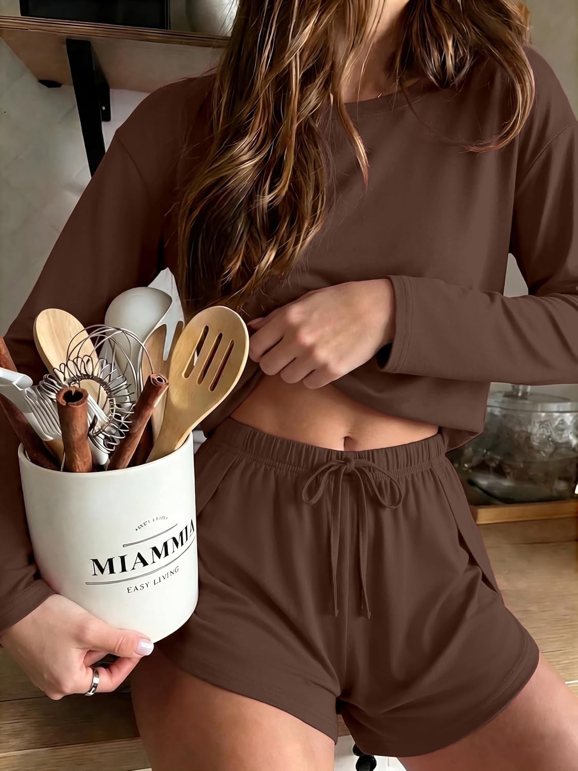 image:imageEkouaer Pajama Sets Sexy Lounge Sets Long Sleeve and Side Split Shorts PjsBrown