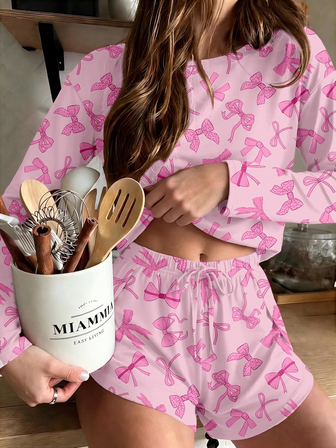 image:imageEkouaer Pajama Sets Sexy Lounge Sets Long Sleeve and Side Split Shorts PjsDifferent Pink Bows