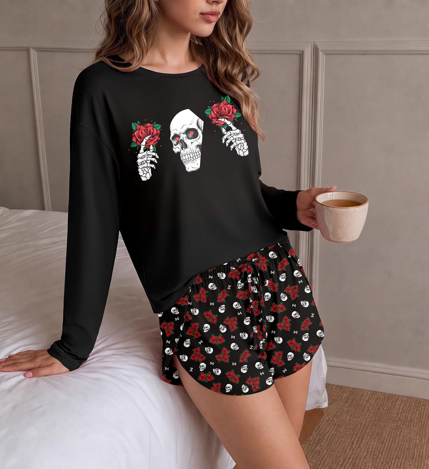 image:imageEkouaer Pajama Sets Sexy Lounge Sets Long Sleeve and Side Split Shorts PjsHalloween Skull Rose