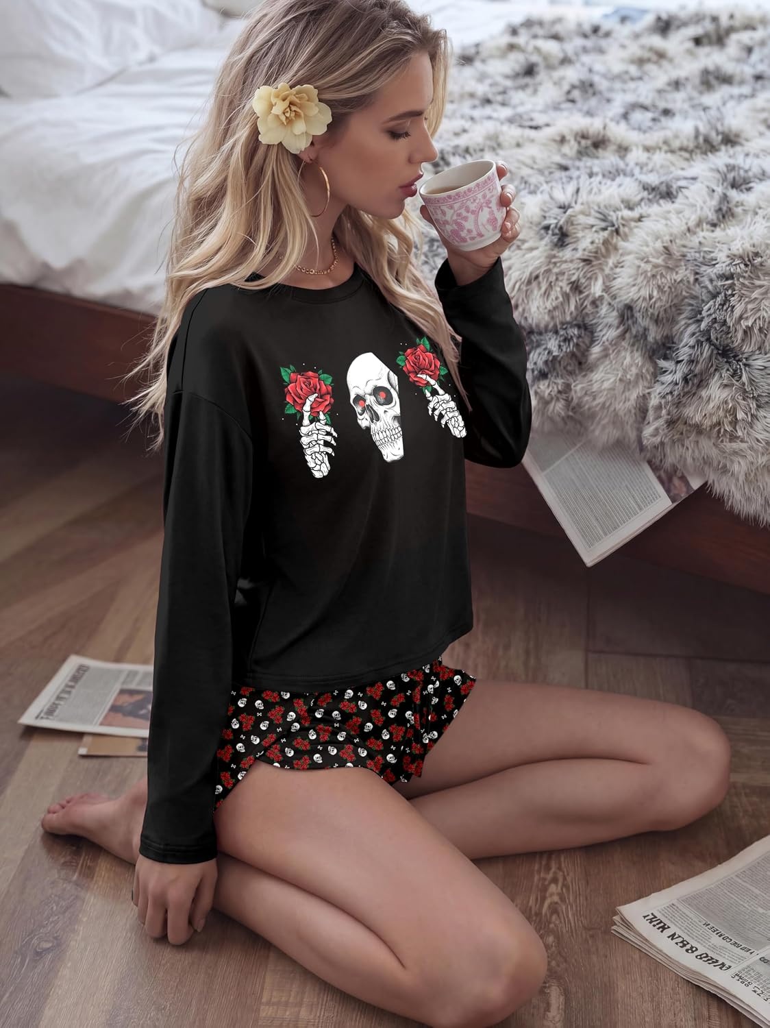 image:imageEkouaer Pajama Sets Sexy Lounge Sets Long Sleeve and Side Split Shorts PjsHalloween Skull Rose