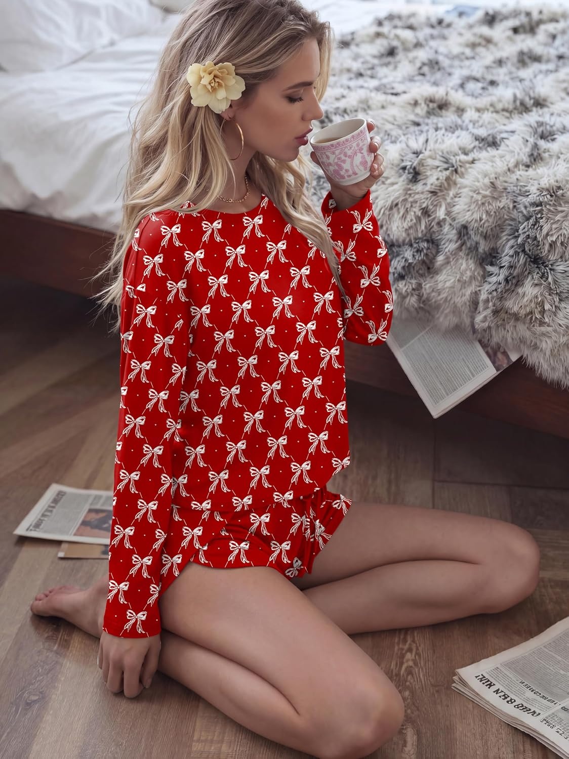 image:imageEkouaer Pajama Sets Sexy Lounge Sets Long Sleeve and Side Split Shorts PjsLittle Red Bow