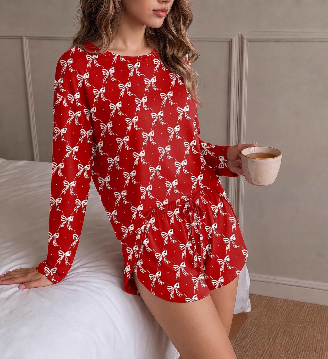 image:imageEkouaer Pajama Sets Sexy Lounge Sets Long Sleeve and Side Split Shorts PjsLittle Red Bow