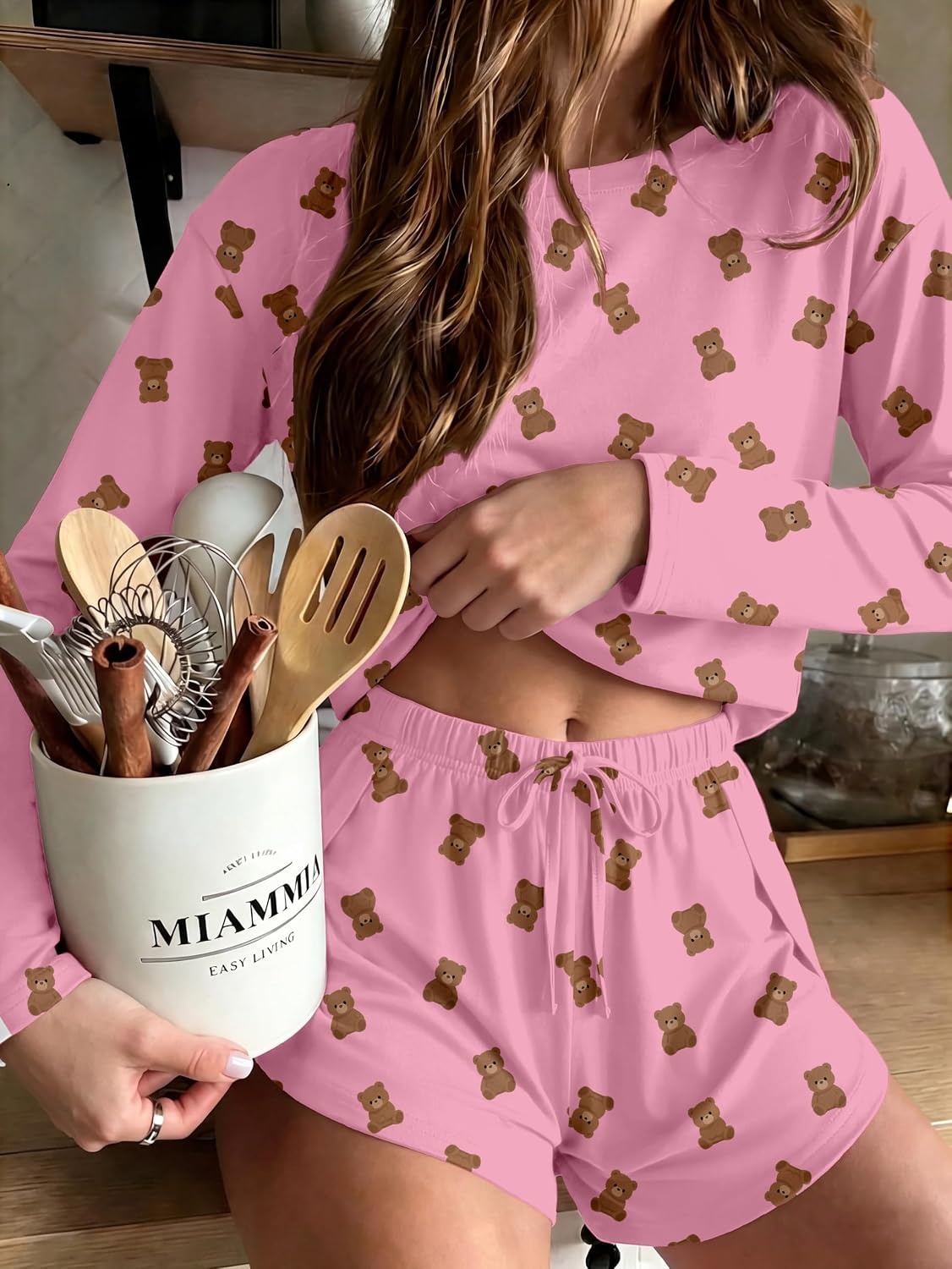 image:imageEkouaer Pajama Sets Sexy Lounge Sets Long Sleeve and Side Split Shorts PjsPink Teddy Bear