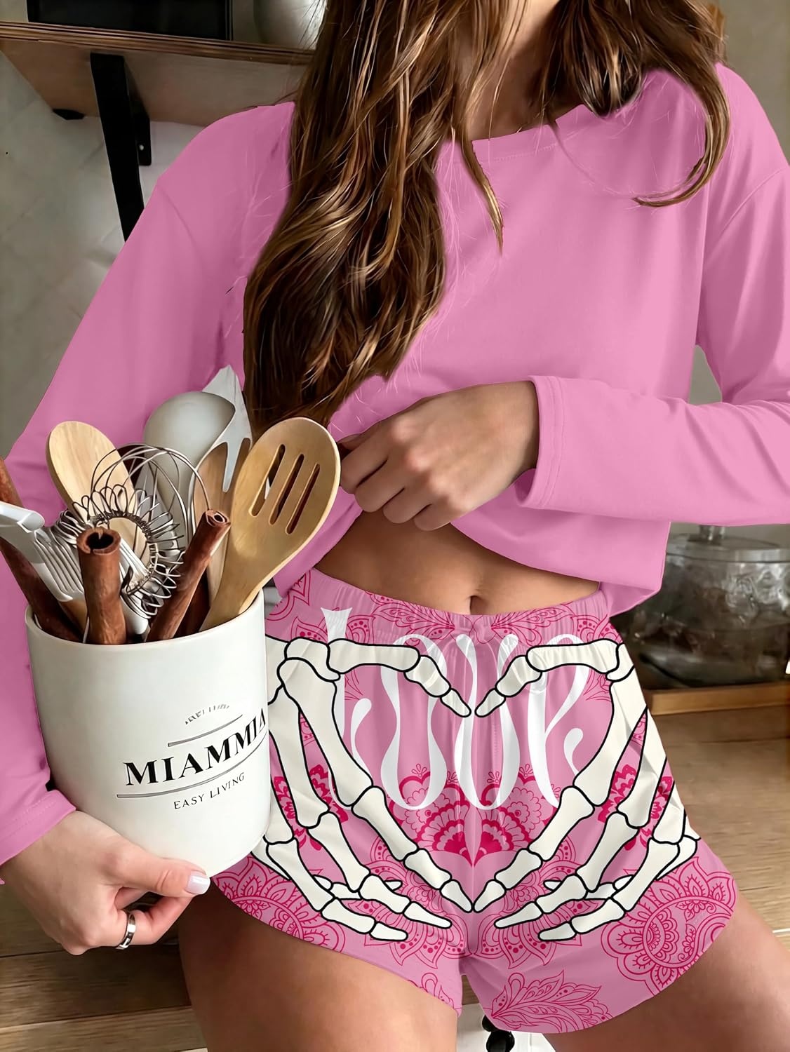 image:imageEkouaer Pajama Sets Sexy Lounge Sets Long Sleeve and Side Split Shorts PjsSkeleton Hand Heart
