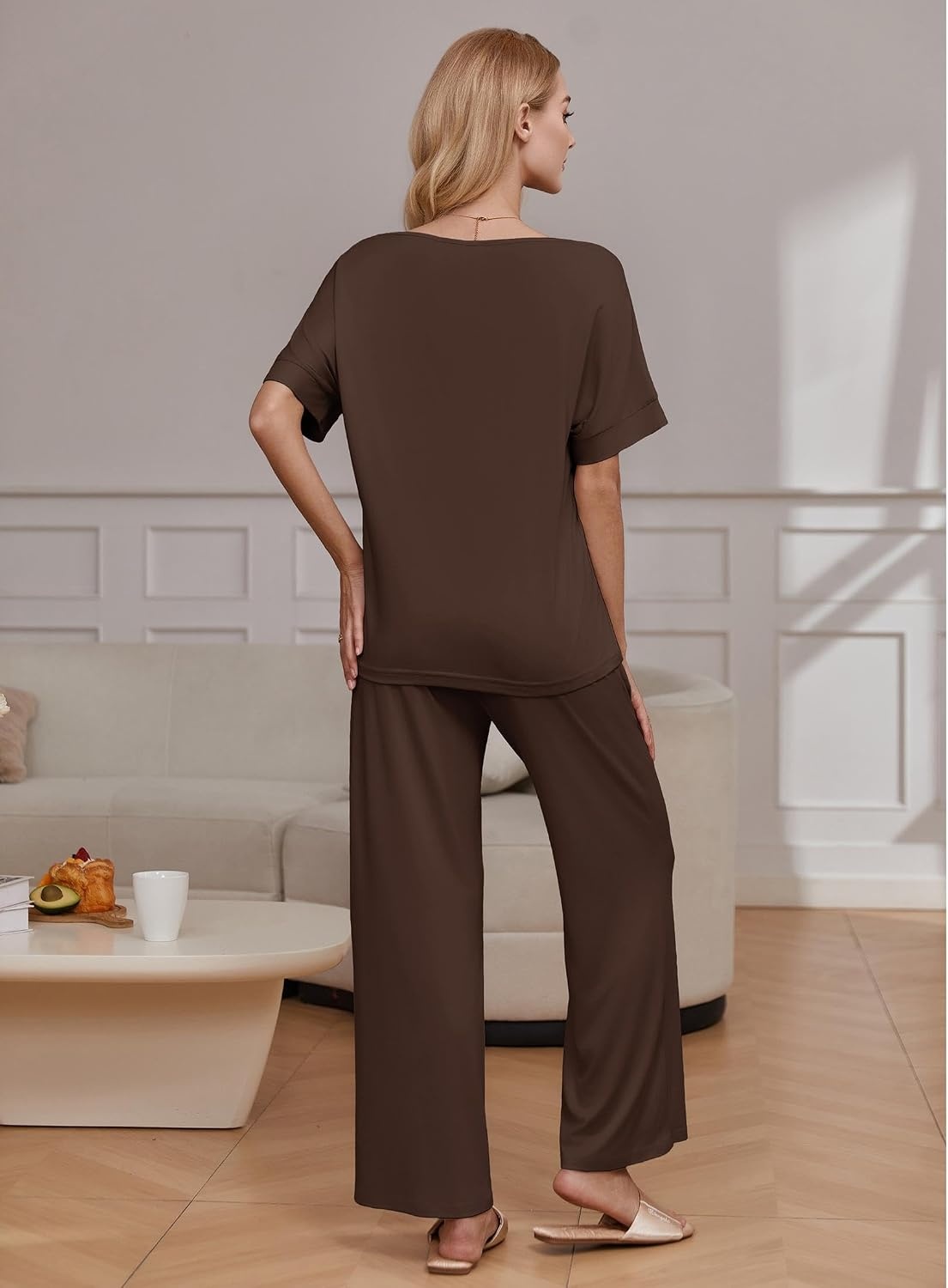 image:imageEkouaer Pajama Sets Womens 2 Piece Short Sleeve Long Pants Pjs Lounge SetDark Brown