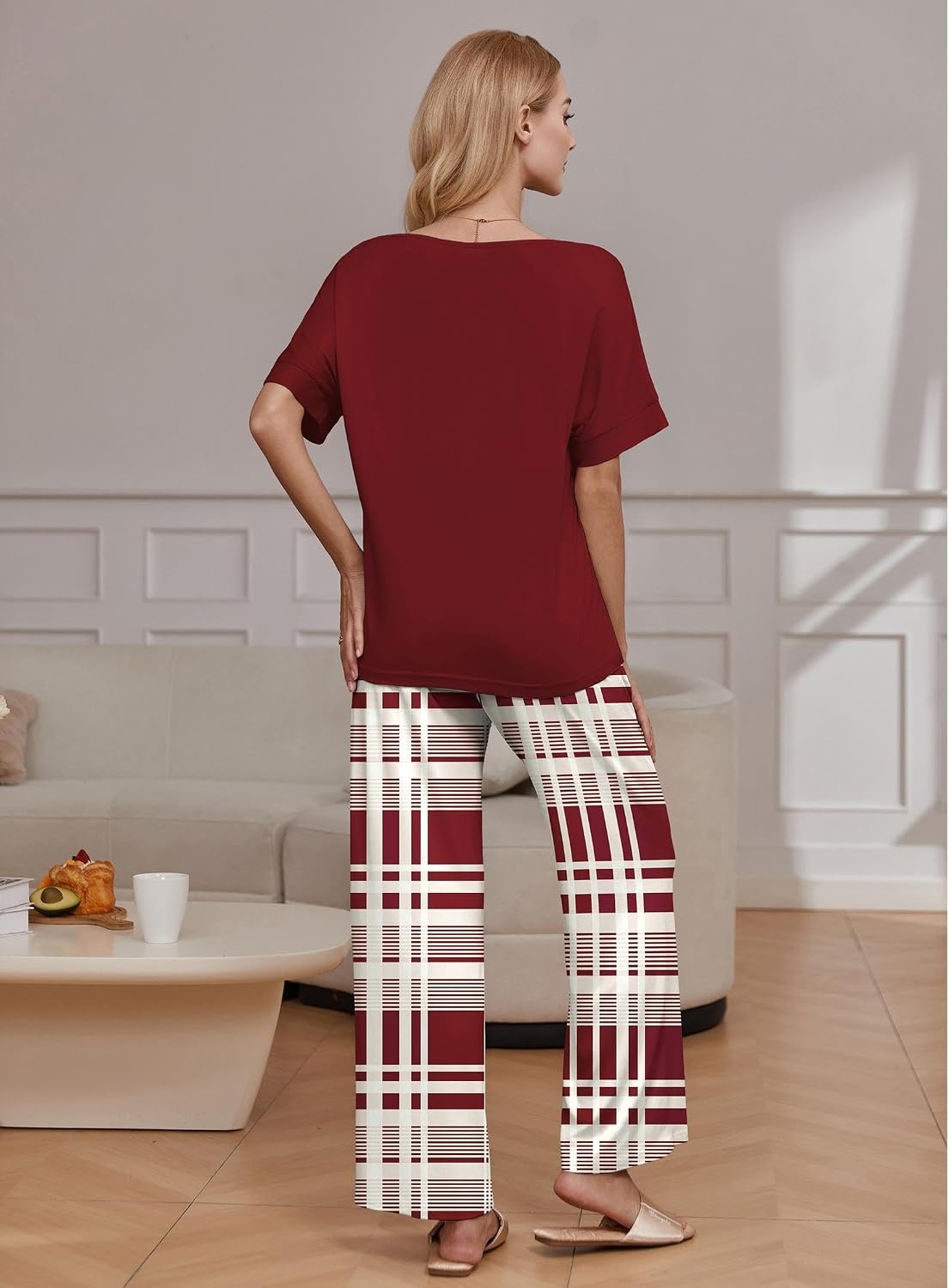 image:imageEkouaer Pajama Sets Womens 2 Piece Short Sleeve Long Pants Pjs Lounge SetPlaid Wine