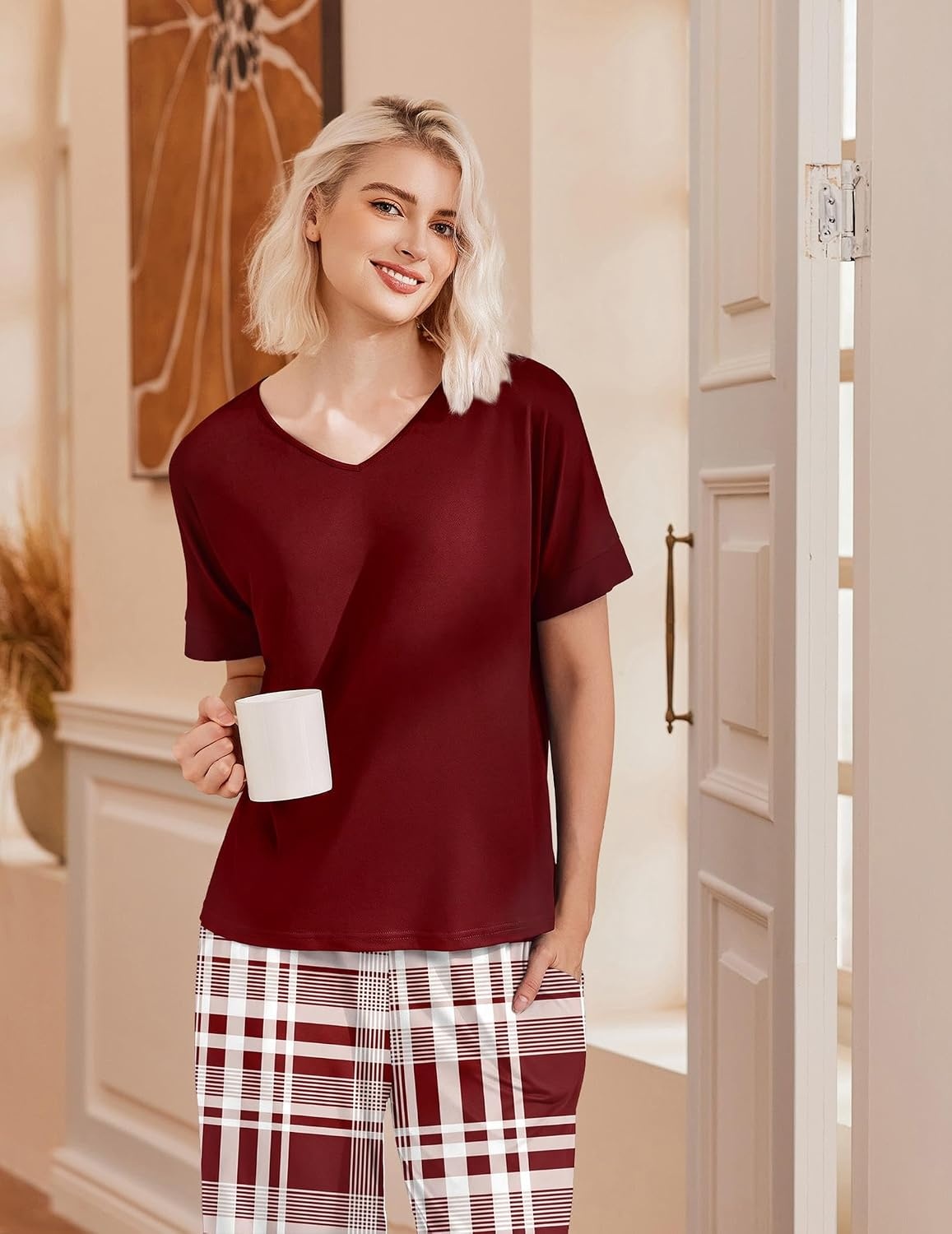 image:imageEkouaer Pajama Sets Womens 2 Piece Short Sleeve Long Pants Pjs Lounge SetPlaid Wine