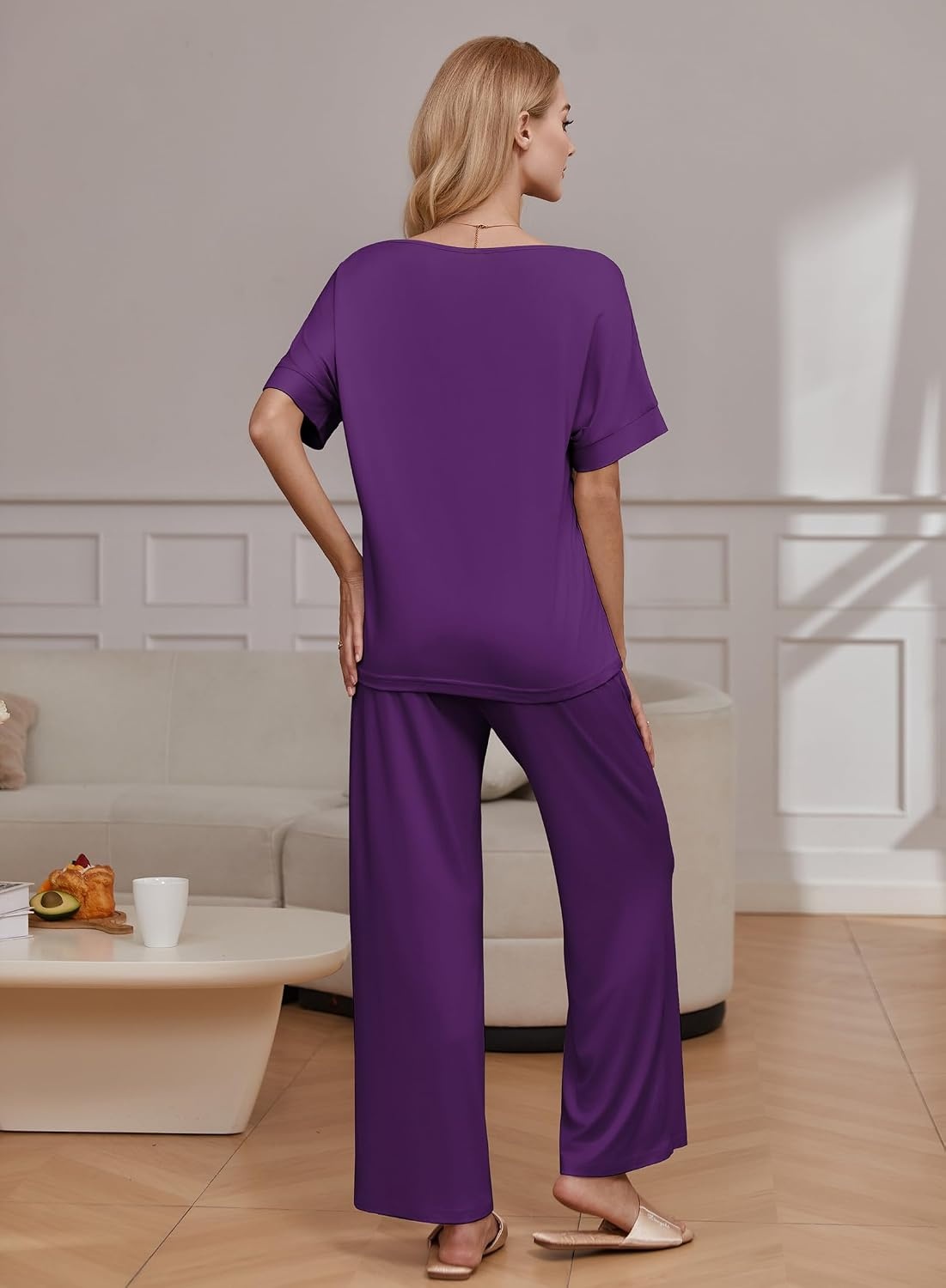 image:imageEkouaer Pajama Sets Womens 2 Piece Short Sleeve Long Pants Pjs Lounge SetPurple