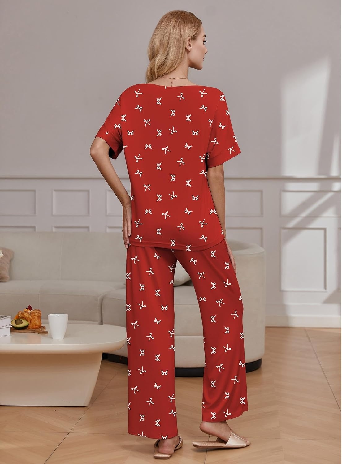 image:imageEkouaer Pajama Sets Womens 2 Piece Short Sleeve Long Pants Pjs Lounge SetRed Bow Knot