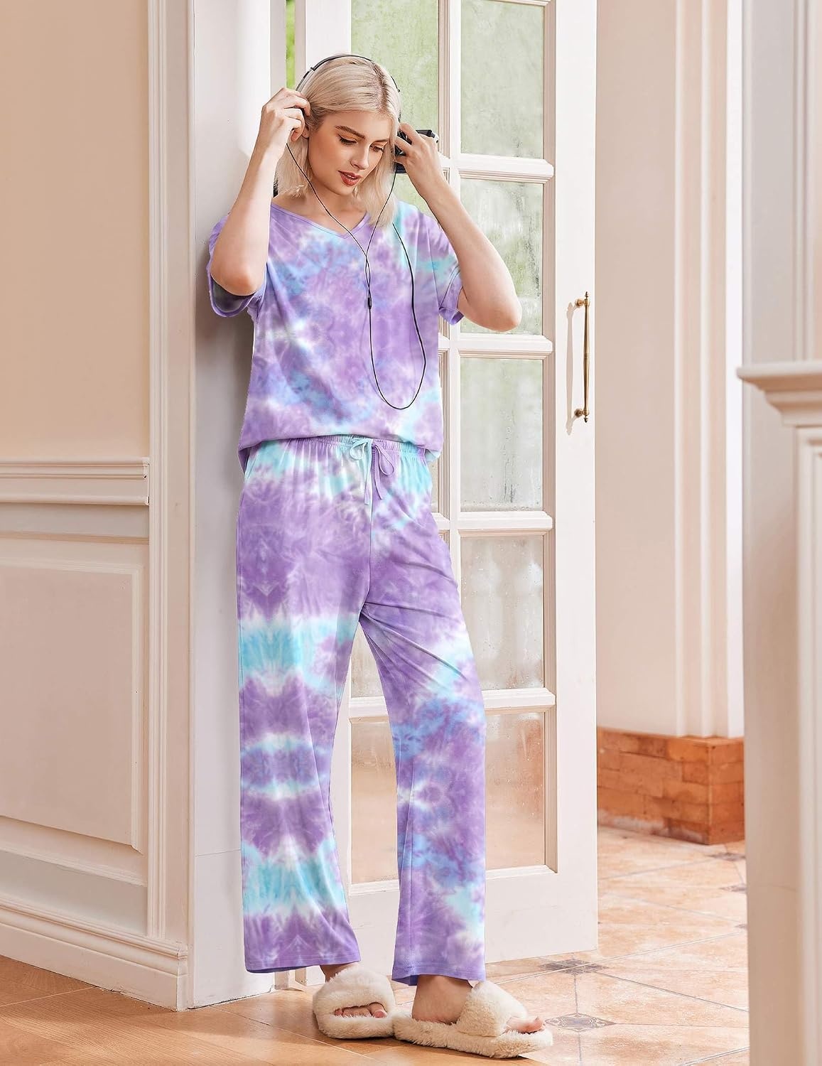 image:imageEkouaer Pajama Sets Womens 2 Piece Short Sleeve Long Pants Pjs Lounge SetTie Dye Purple