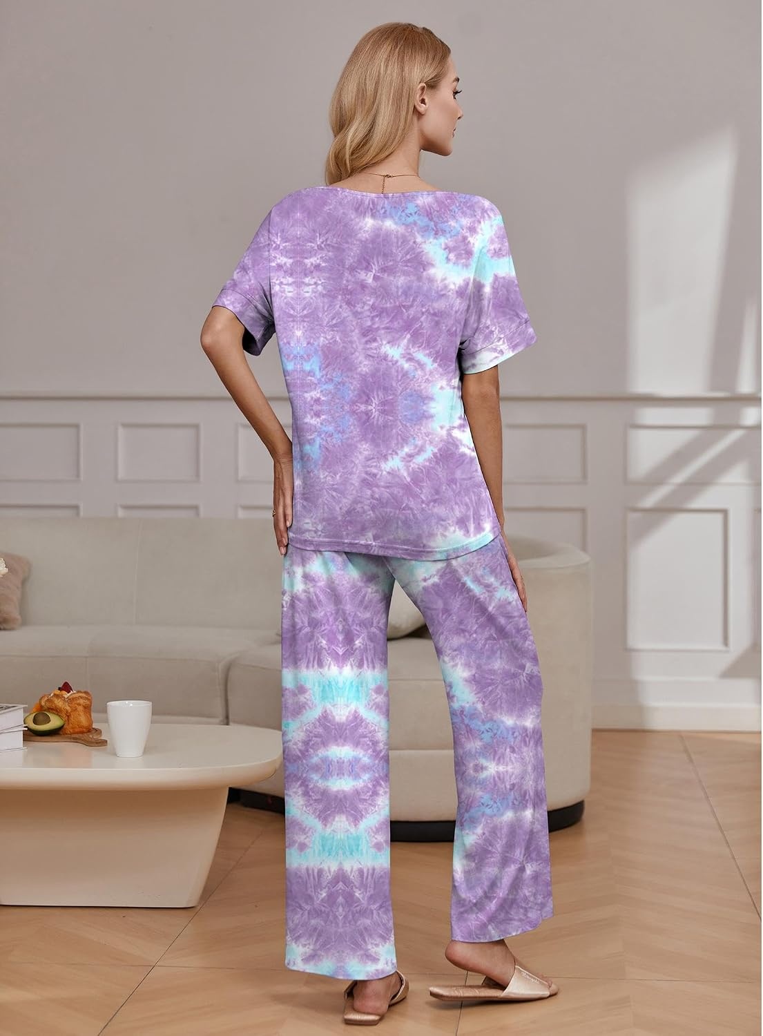 image:imageEkouaer Pajama Sets Womens 2 Piece Short Sleeve Long Pants Pjs Lounge SetTie Dye Purple