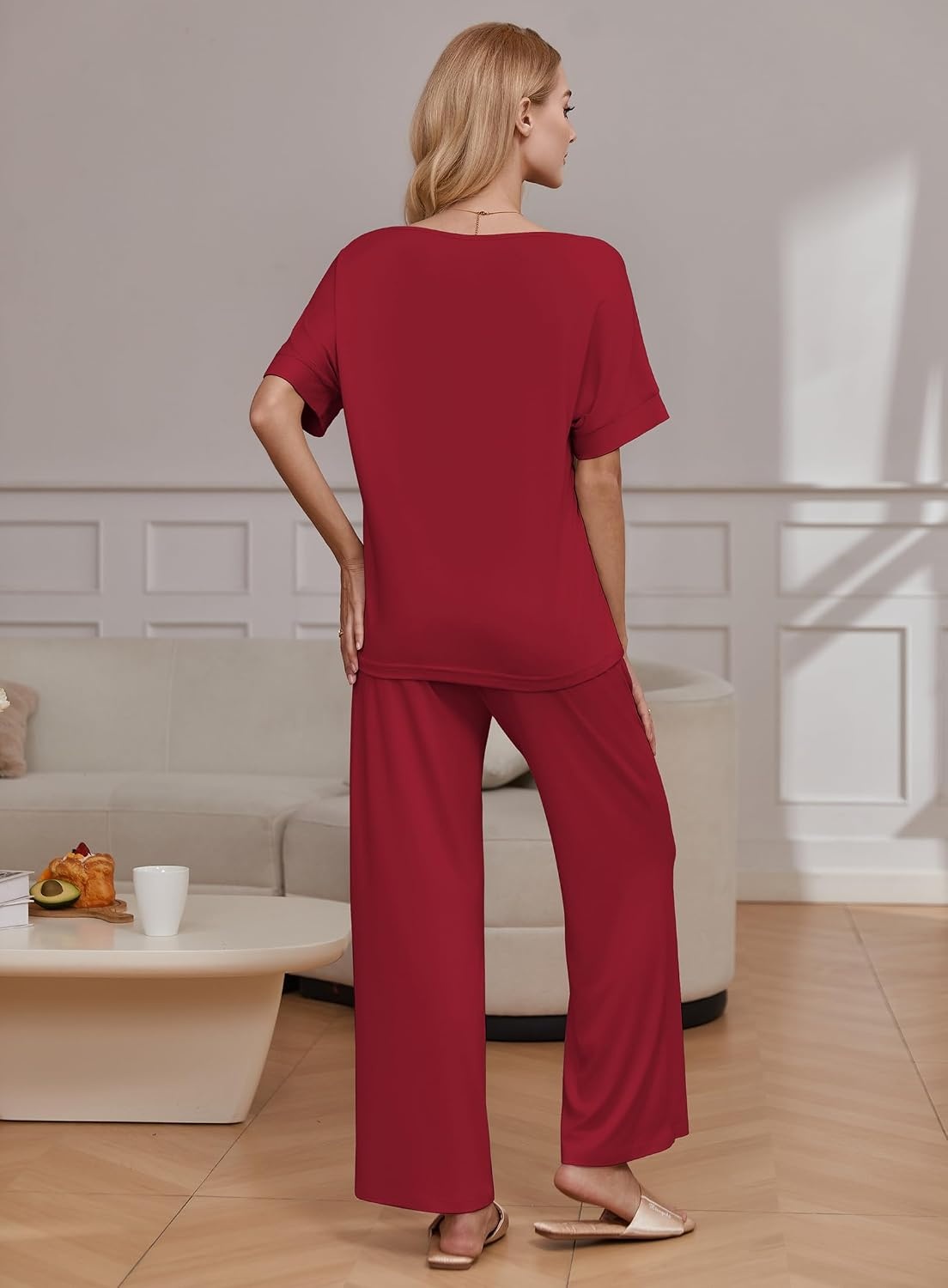 image:imageEkouaer Pajama Sets Womens 2 Piece Short Sleeve Long Pants Pjs Lounge SetWine