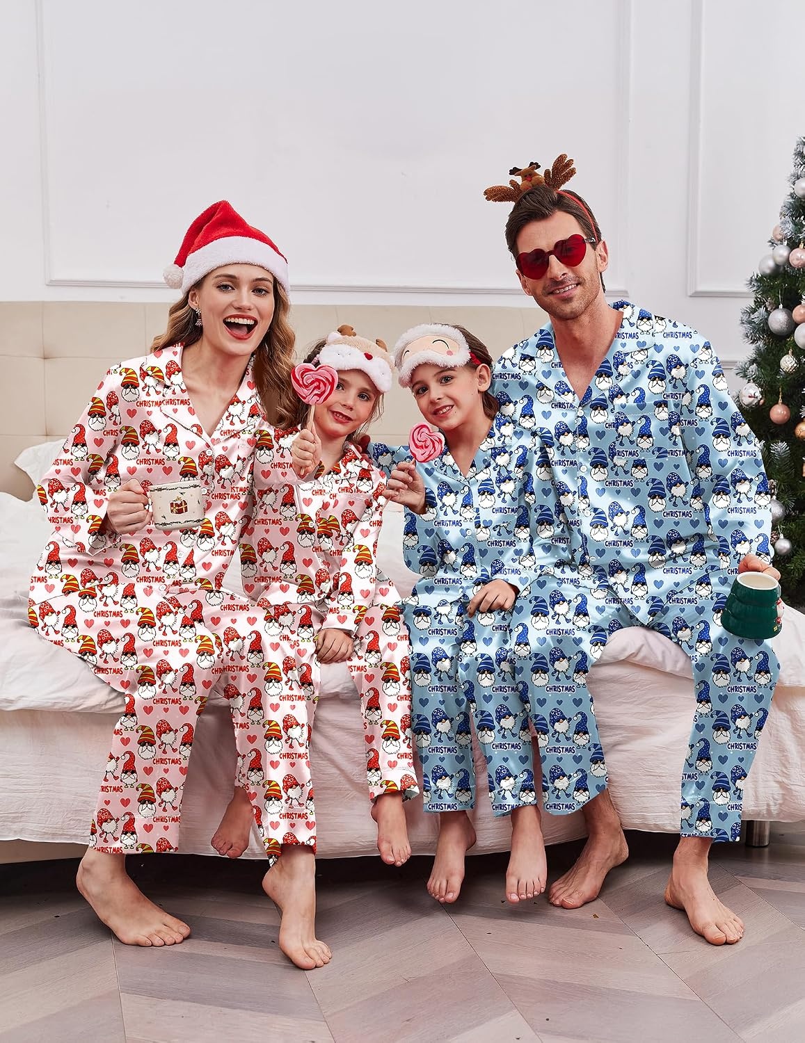 image:imageEkouaer Pajamas for Family Satin Long Sleeve Pjs Button Down Lounge SetBlue Christmas Goblin
