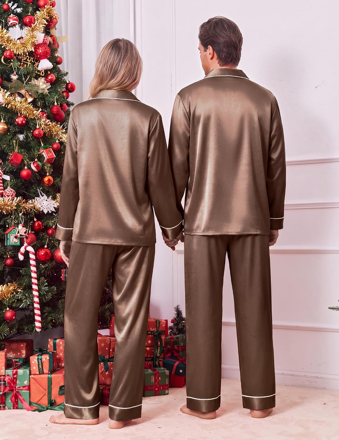 image:imageEkouaer Pajamas for Family Satin Long Sleeve Pjs Button Down Lounge SetBrown