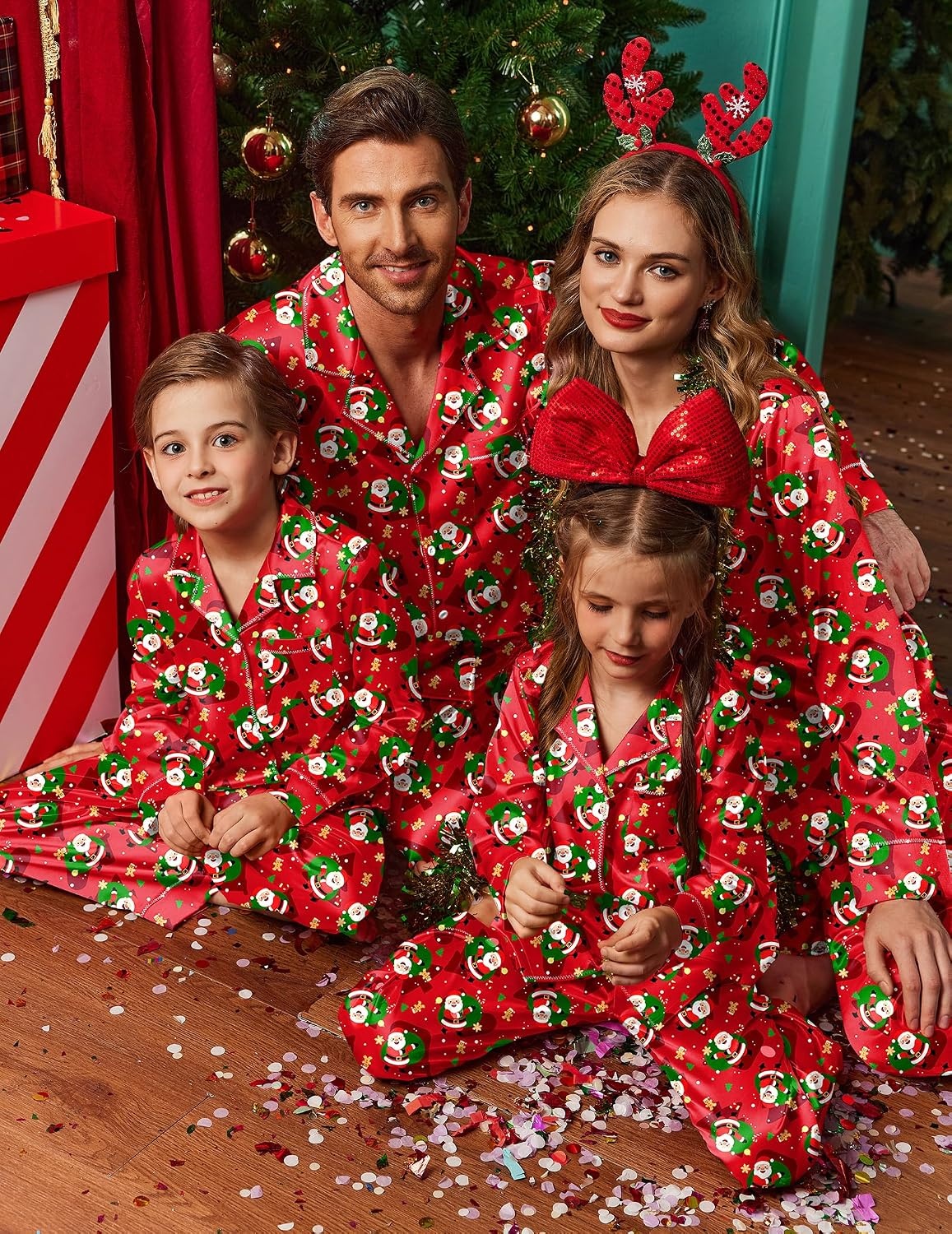 image:imageEkouaer Pajamas for Family Satin Long Sleeve Pjs Button Down Lounge SetChristmas Santa