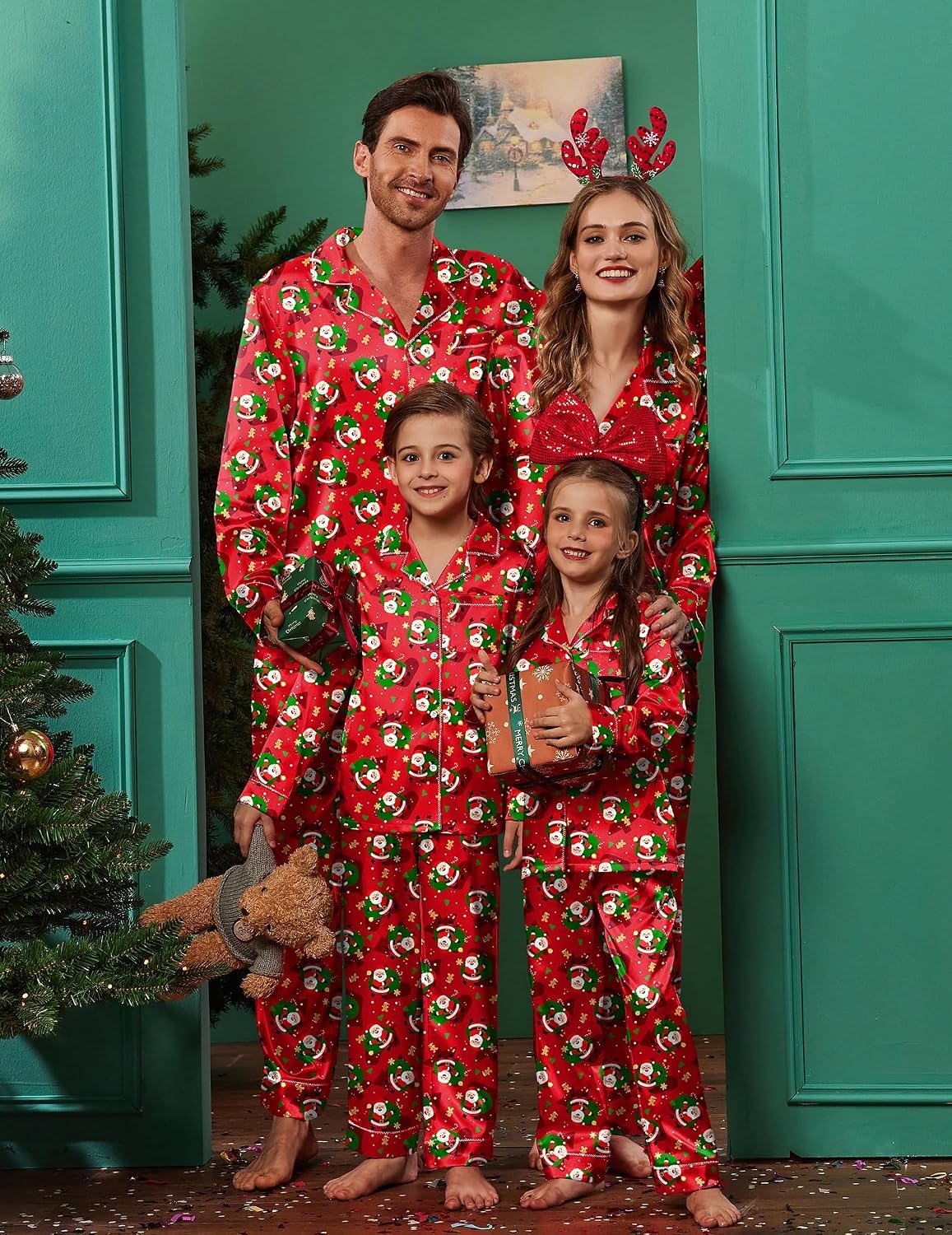 image:imageEkouaer Pajamas for Family Satin Long Sleeve Pjs Button Down Lounge SetChristmas Santa