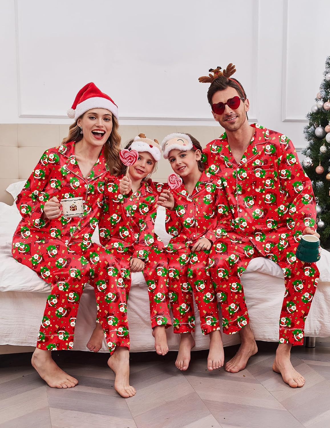 image:imageEkouaer Pajamas for Family Satin Long Sleeve Pjs Button Down Lounge SetChristmas Santa
