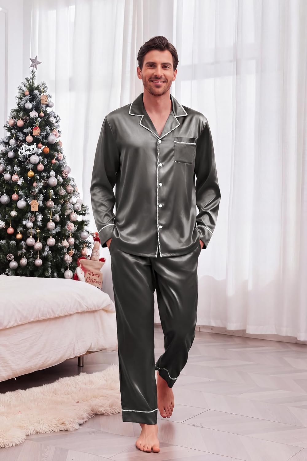 image:imageEkouaer Pajamas for Family Satin Long Sleeve Pjs Button Down Lounge SetDeep Grey
