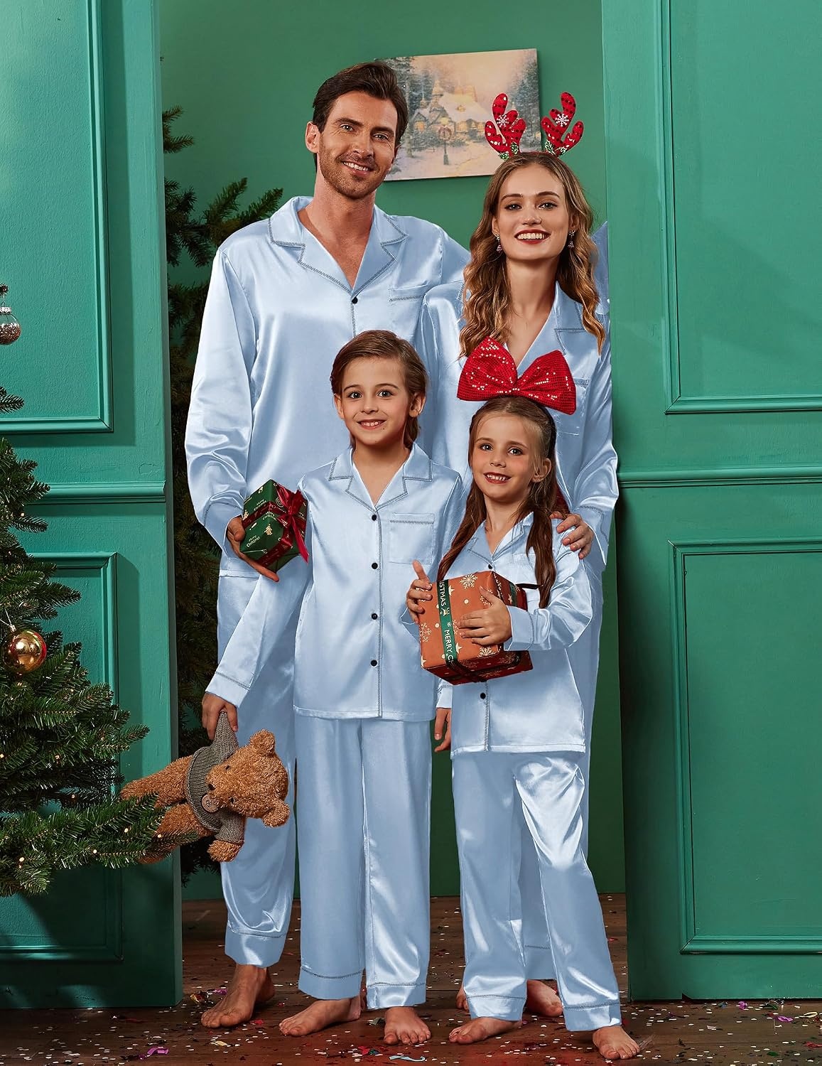 image:imageEkouaer Pajamas for Family Satin Long Sleeve Pjs Button Down Lounge SetLight Blue