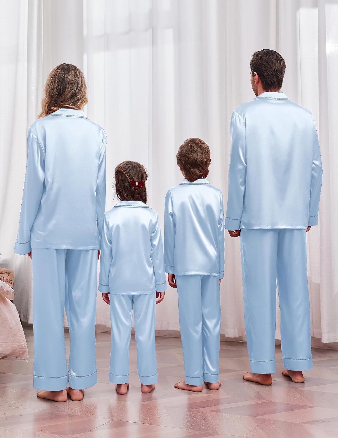 image:imageEkouaer Pajamas for Family Satin Long Sleeve Pjs Button Down Lounge SetLight Blue