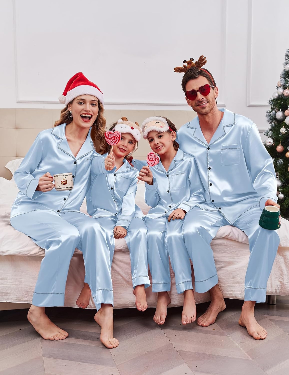 image:imageEkouaer Pajamas for Family Satin Long Sleeve Pjs Button Down Lounge SetLight Blue