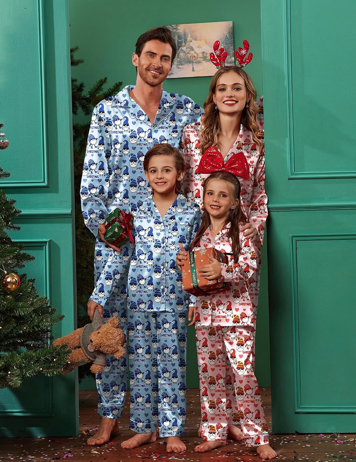 image:imageEkouaer Pajamas for Family Satin Long Sleeve Pjs Button Down Lounge SetPink Christmas Goblin
