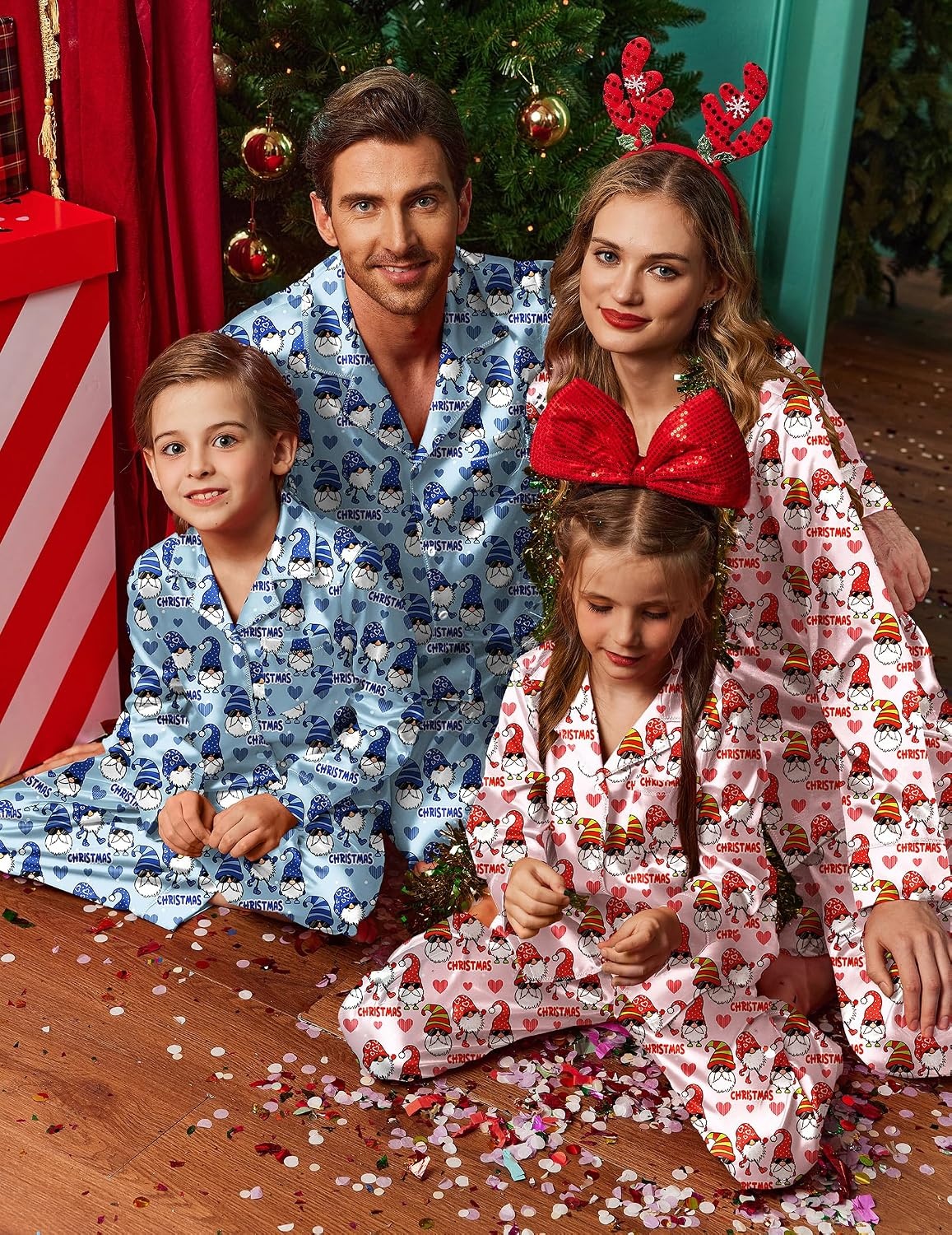 image:imageEkouaer Pajamas for Family Satin Long Sleeve Pjs Button Down Lounge SetPink Christmas Goblin