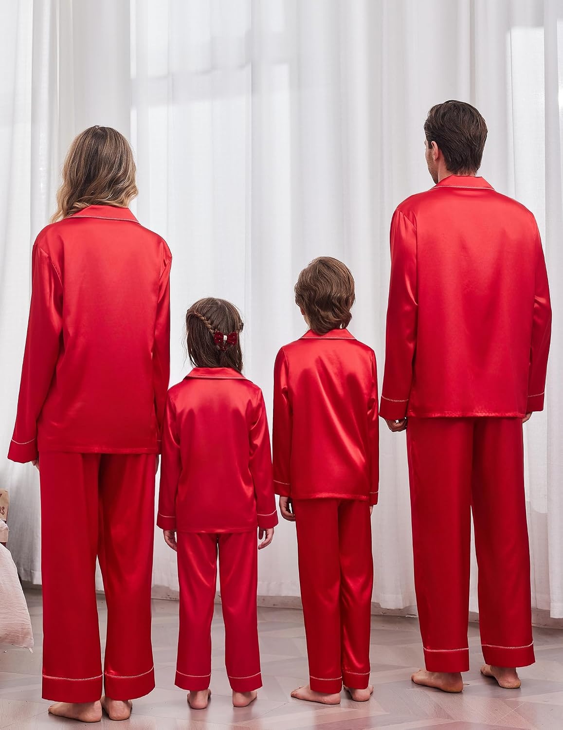 image:imageEkouaer Pajamas for Family Satin Long Sleeve Pjs Button Down Lounge SetRed