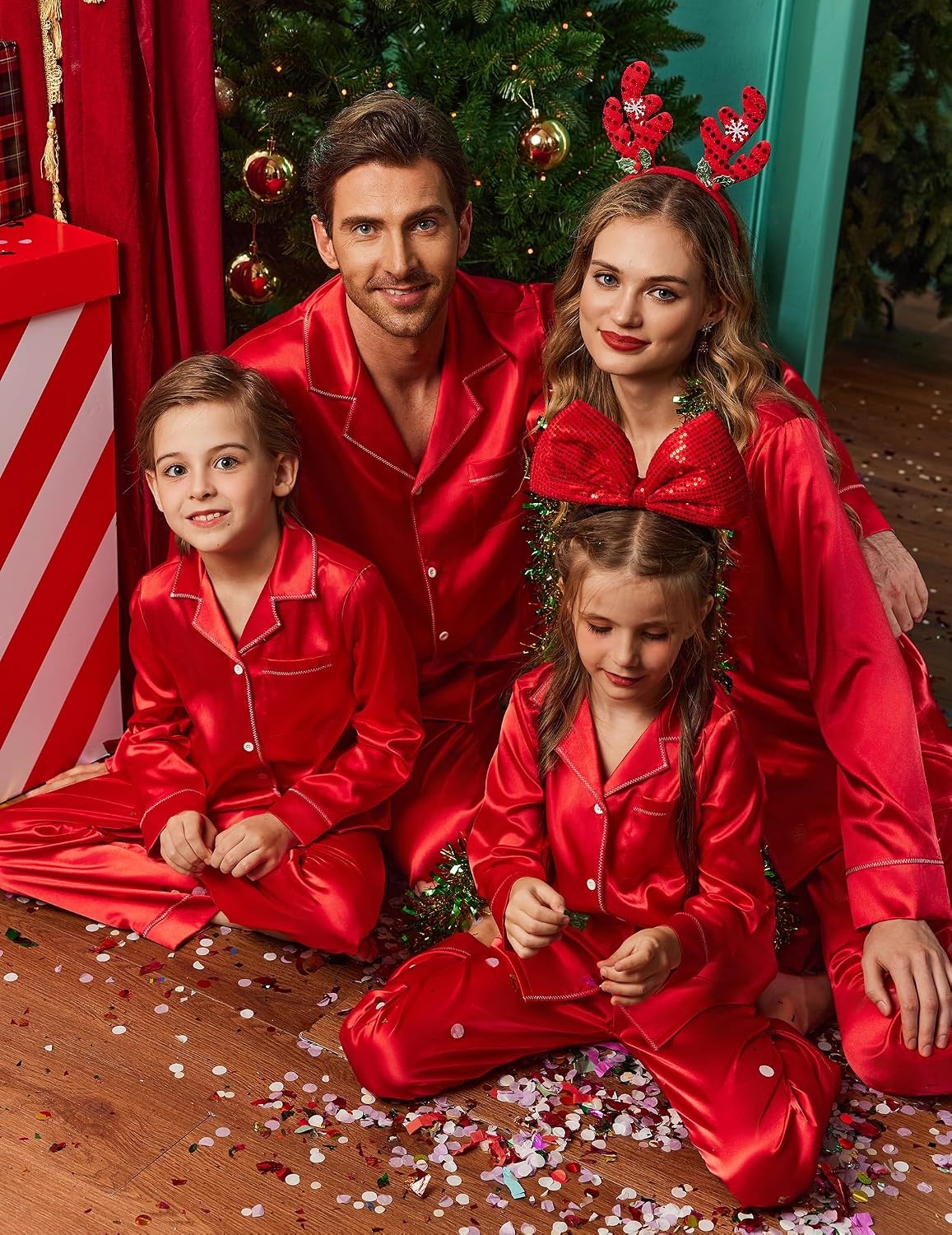 image:imageEkouaer Pajamas for Family Satin Long Sleeve Pjs Button Down Lounge SetRed