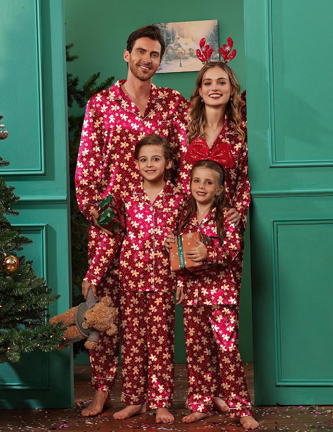 image:imageEkouaer Pajamas for Family Satin Long Sleeve Pjs Button Down Lounge SetRed Christmas Gingerbread