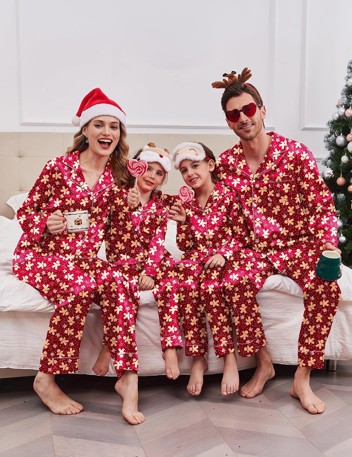 image:imageEkouaer Pajamas for Family Satin Long Sleeve Pjs Button Down Lounge SetRed Christmas Gingerbread
