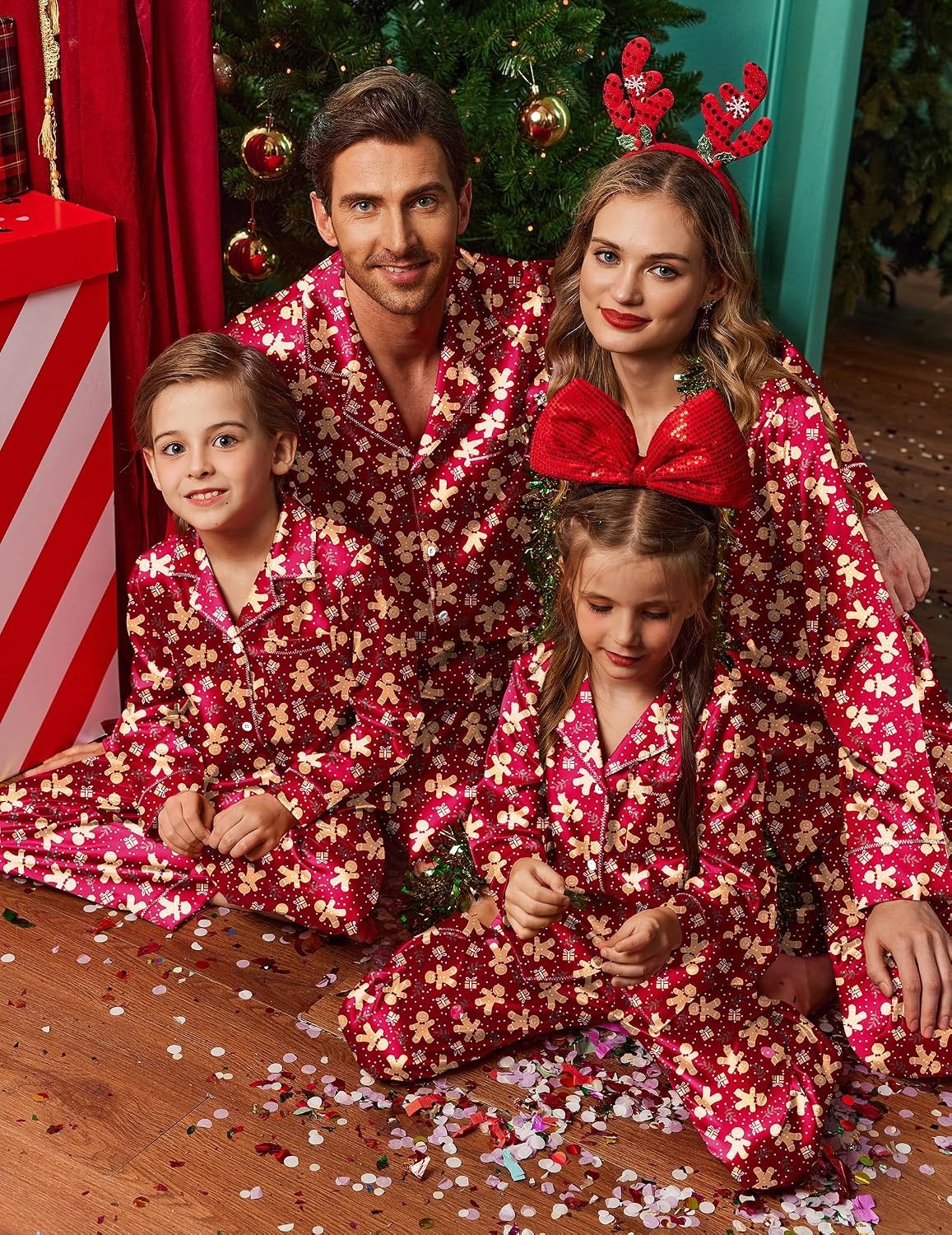 image:imageEkouaer Pajamas for Family Satin Long Sleeve Pjs Button Down Lounge SetRed Christmas Gingerbread