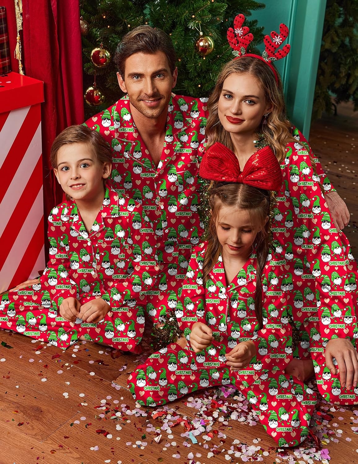 image:imageEkouaer Pajamas for Family Satin Long Sleeve Pjs Button Down Lounge SetRed Christmas Goblin