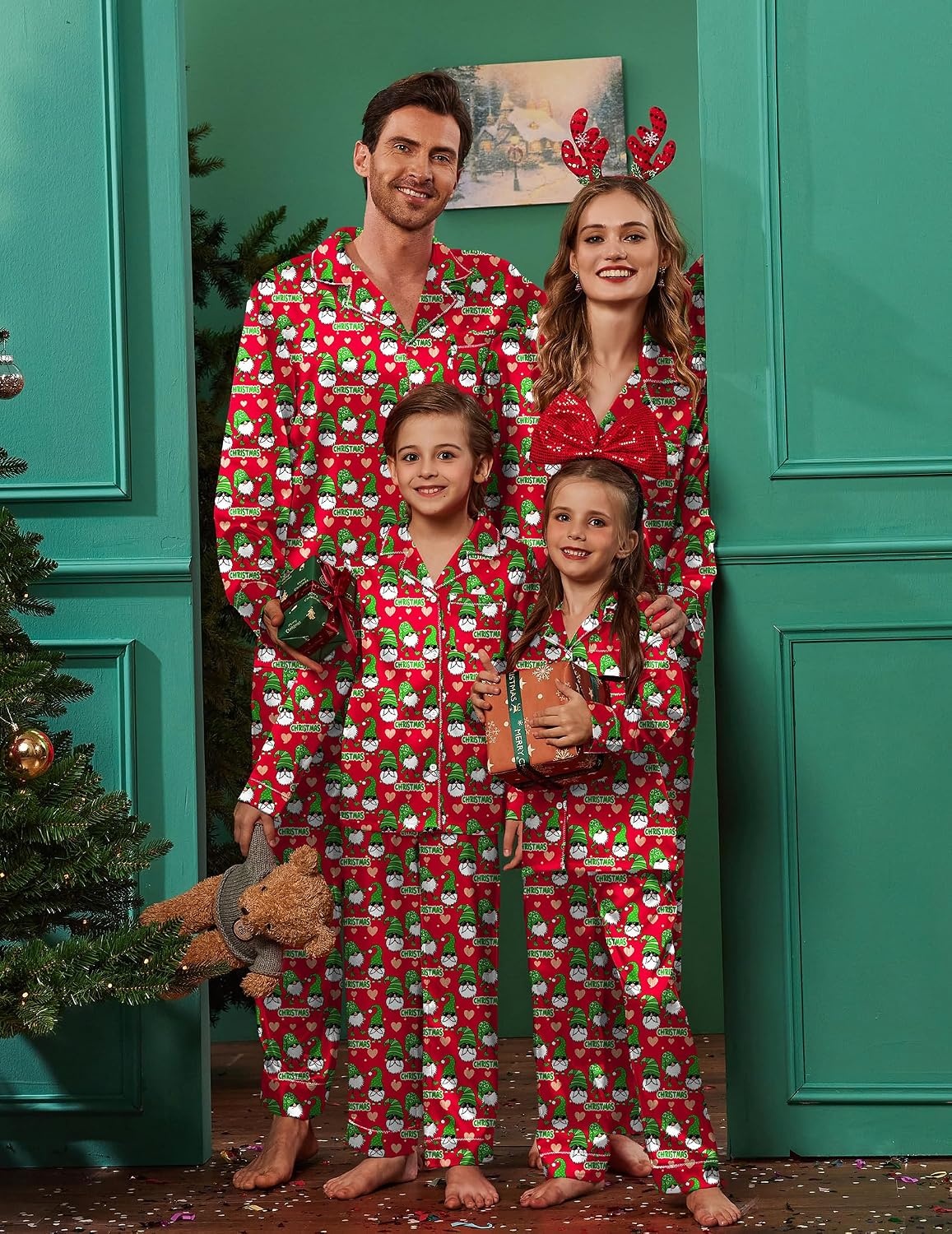 image:imageEkouaer Pajamas for Family Satin Long Sleeve Pjs Button Down Lounge SetRed Christmas Goblin