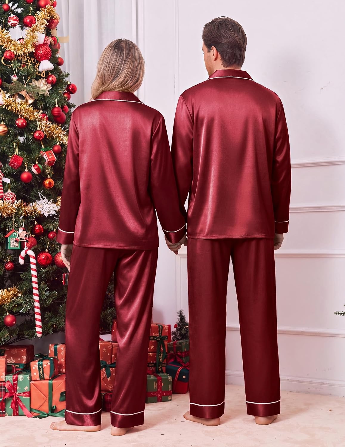 image:imageEkouaer Pajamas for Family Satin Long Sleeve Pjs Button Down Lounge SetWine Red