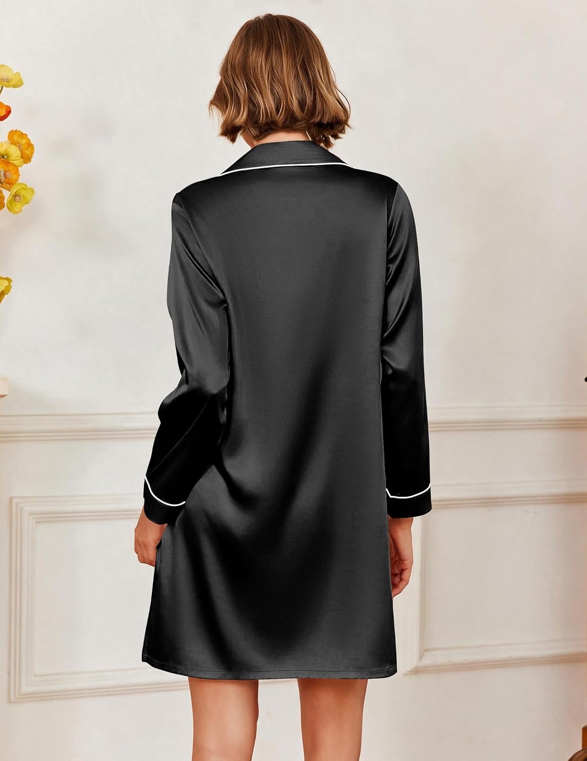 image:imageEkouaer Satin Nightgowns for Women Silk Sleep Shirts Button Down SleepwearBlack