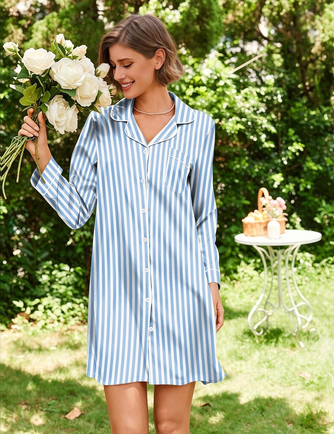 image:imageEkouaer Satin Nightgowns for Women Silk Sleep Shirts Button Down SleepwearBlue Stripe