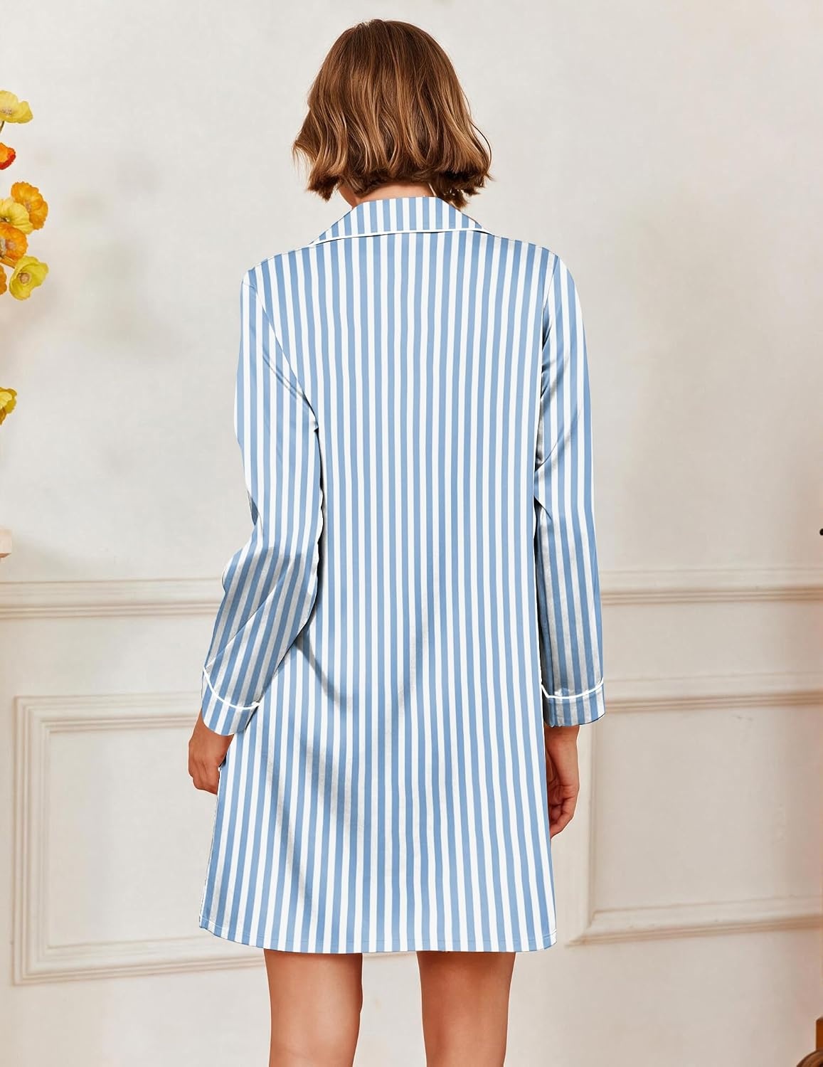 image:imageEkouaer Satin Nightgowns for Women Silk Sleep Shirts Button Down SleepwearBlue Stripe