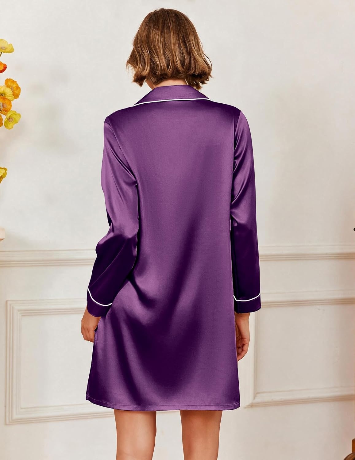 image:imageEkouaer Satin Nightgowns for Women Silk Sleep Shirts Button Down SleepwearDeep Purple