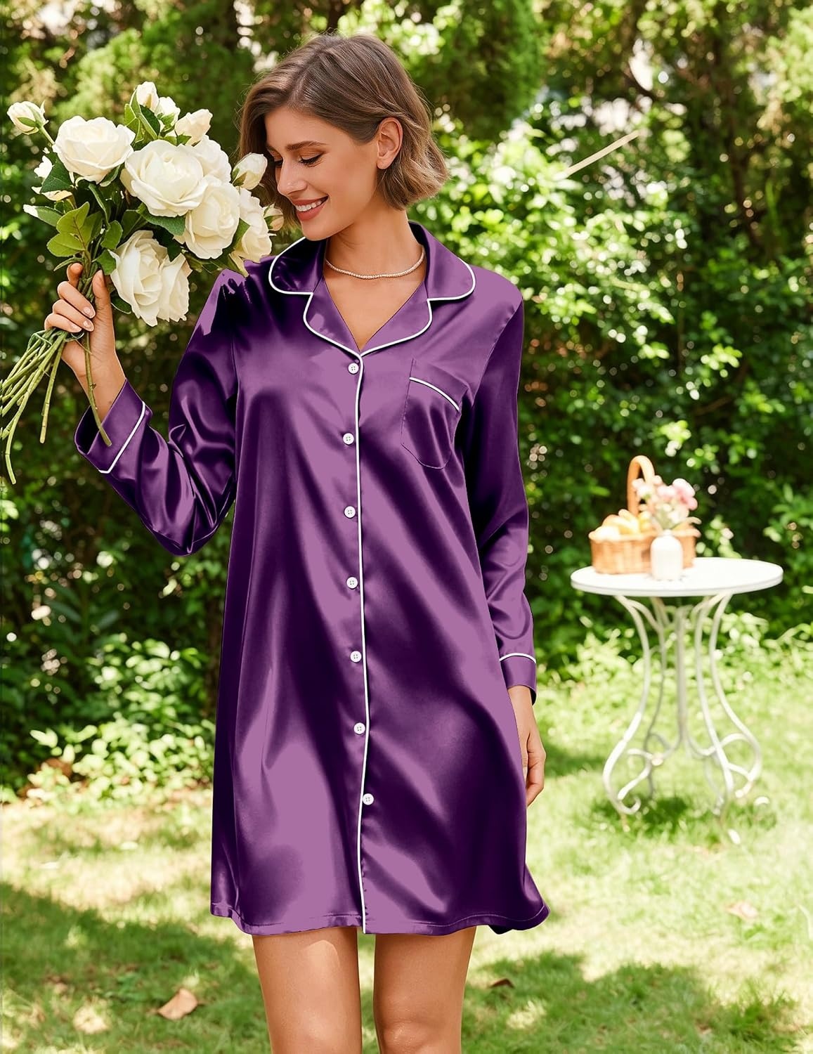 image:imageEkouaer Satin Nightgowns for Women Silk Sleep Shirts Button Down SleepwearDeep Purple