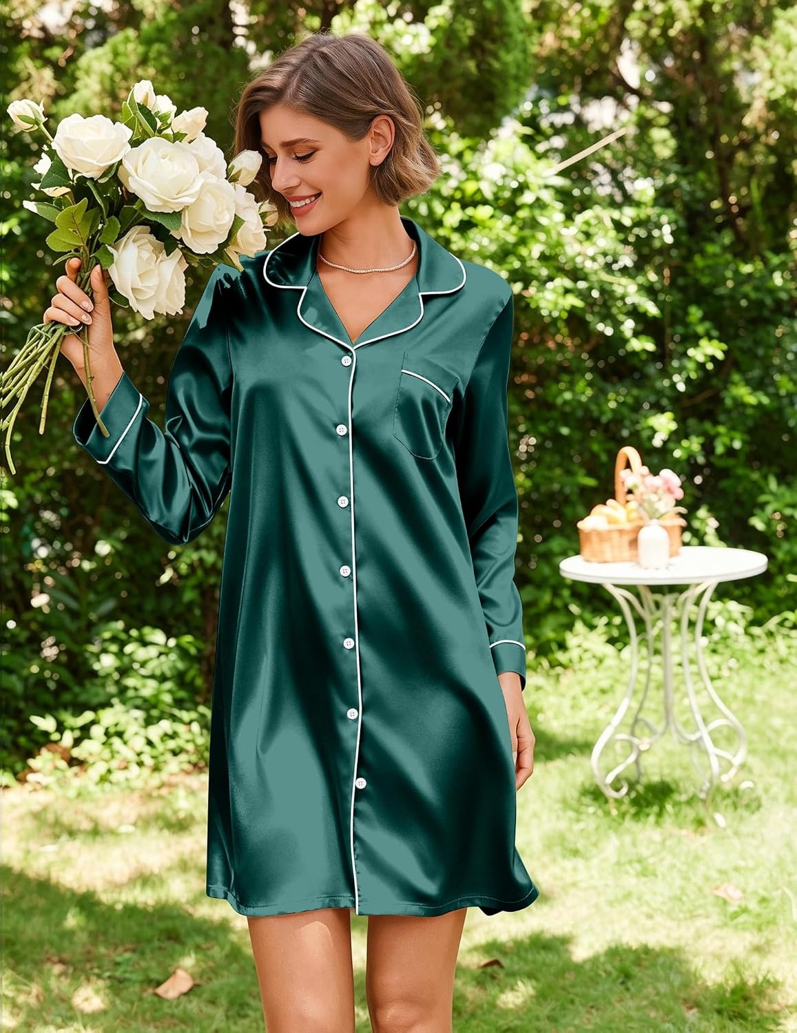 image:imageEkouaer Satin Nightgowns for Women Silk Sleep Shirts Button Down SleepwearLake Green