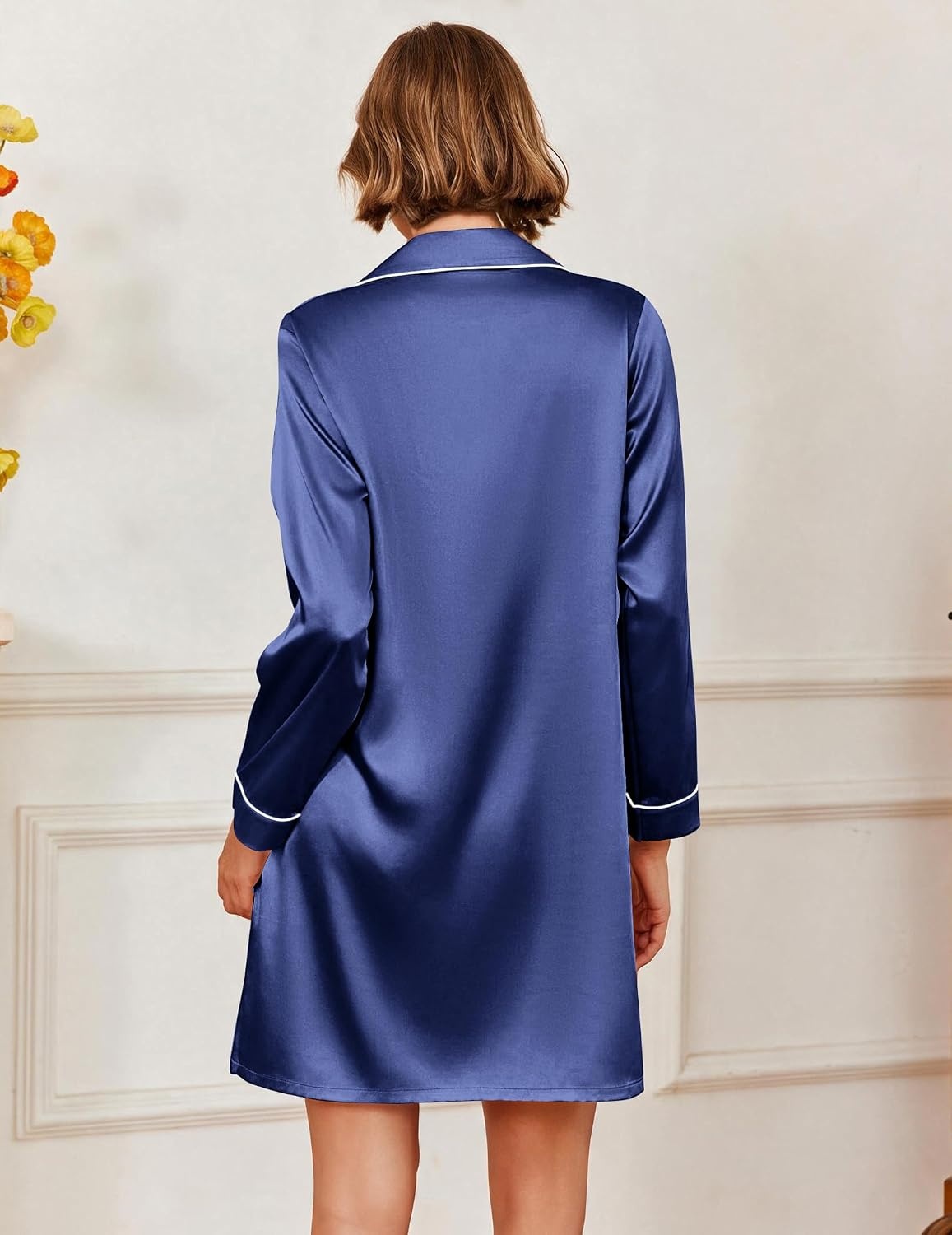 image:imageEkouaer Satin Nightgowns for Women Silk Sleep Shirts Button Down SleepwearNavy Blue