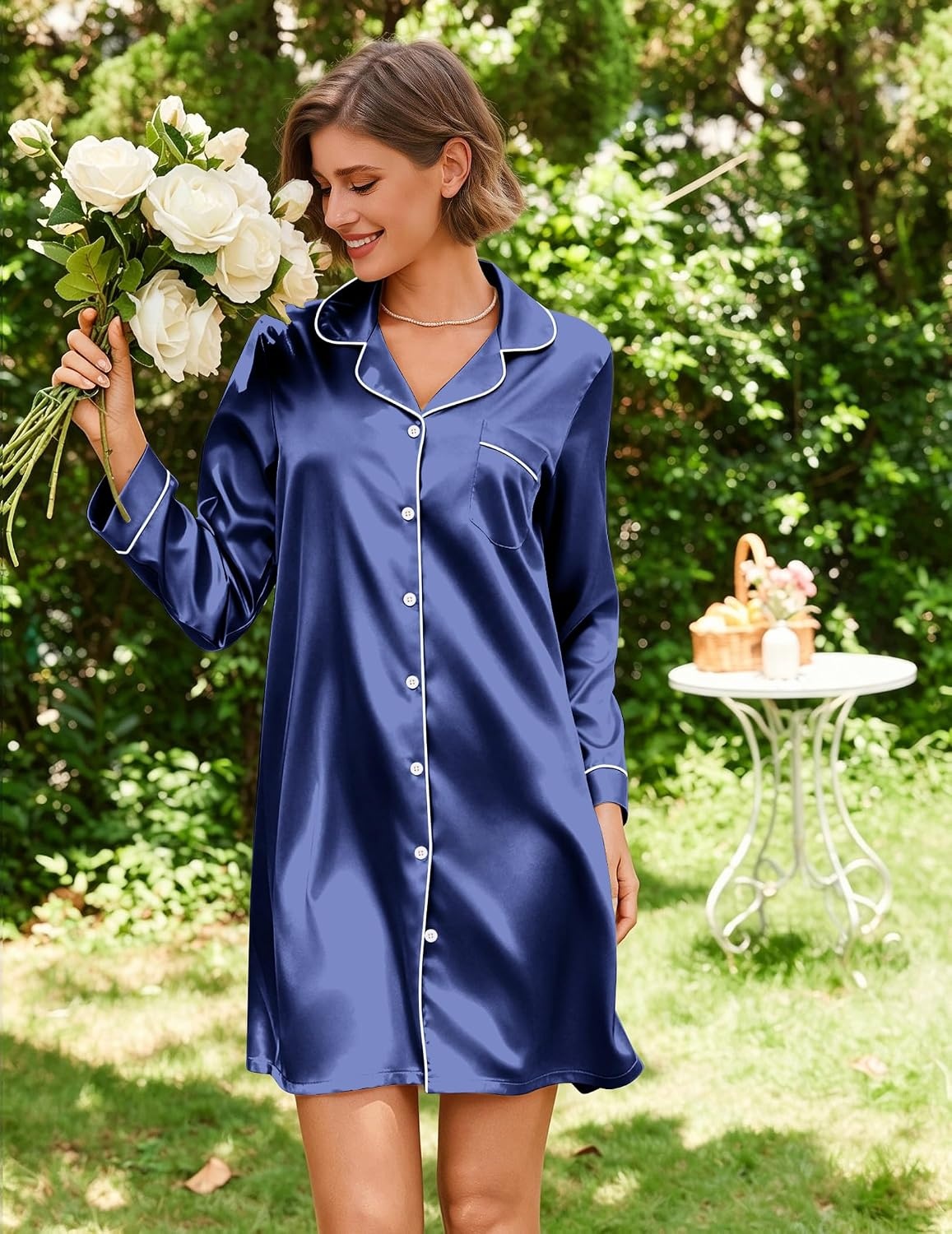 image:imageEkouaer Satin Nightgowns for Women Silk Sleep Shirts Button Down SleepwearNavy Blue
