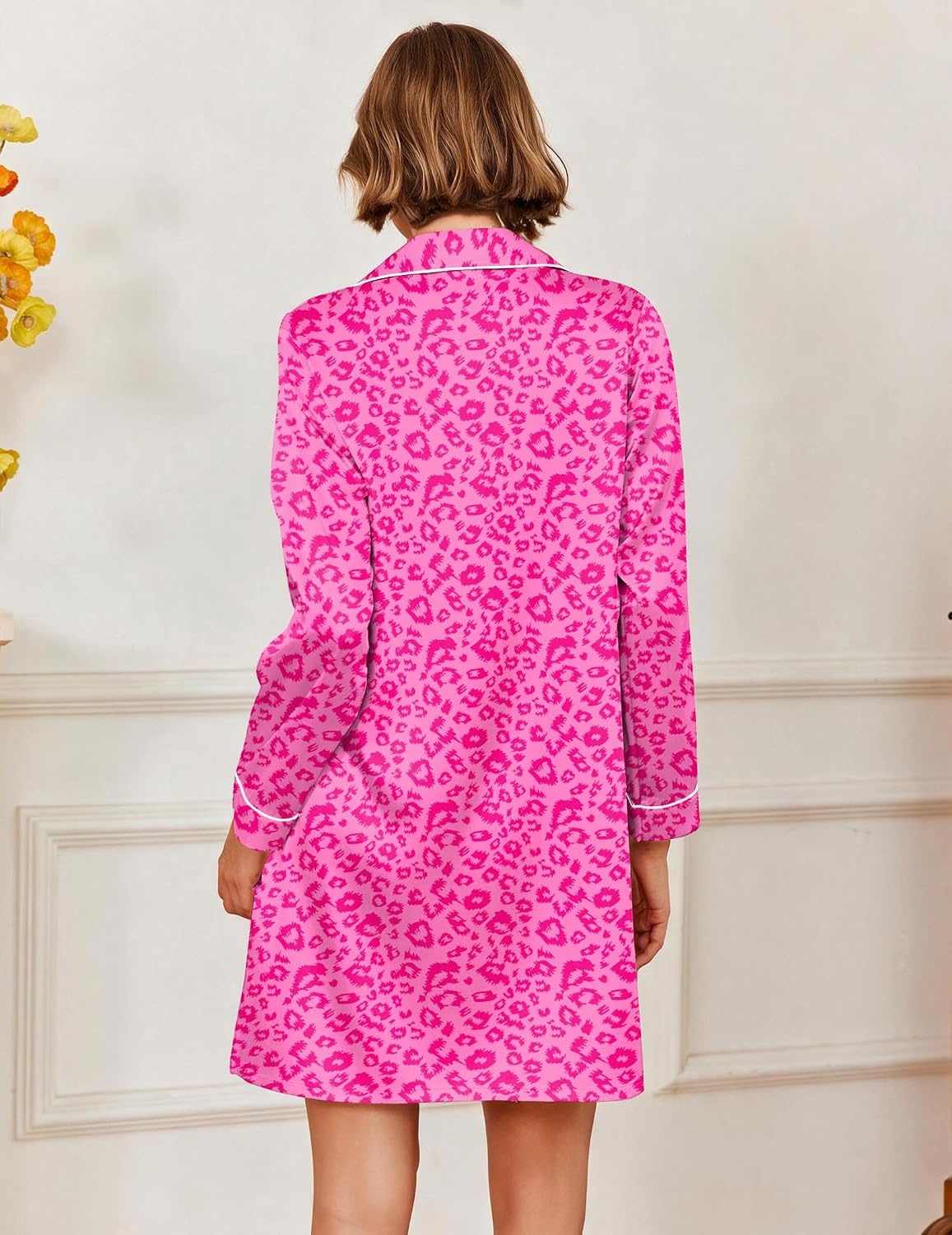 image:imageEkouaer Satin Nightgowns for Women Silk Sleep Shirts Button Down SleepwearPink Leopard