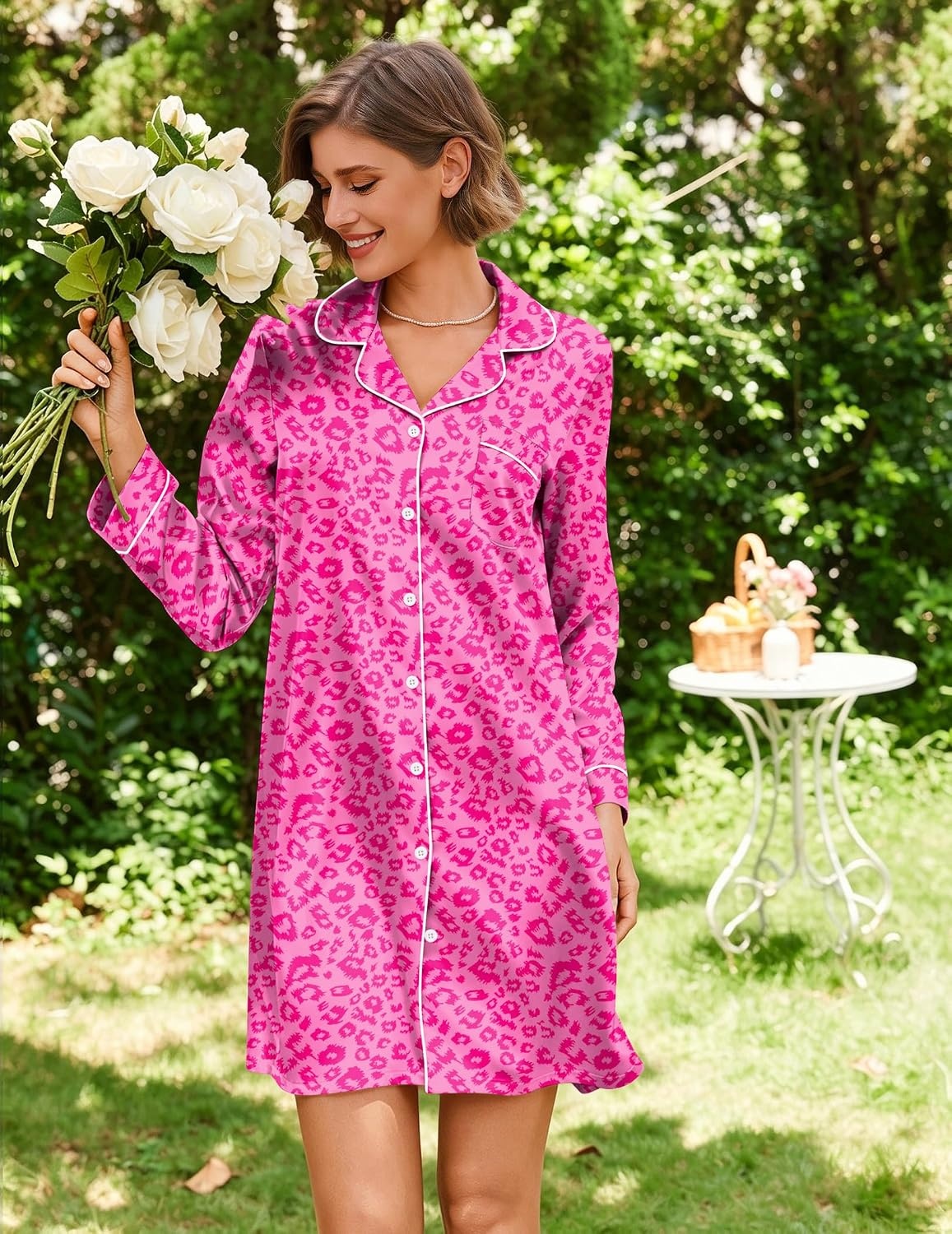image:imageEkouaer Satin Nightgowns for Women Silk Sleep Shirts Button Down SleepwearPink Leopard