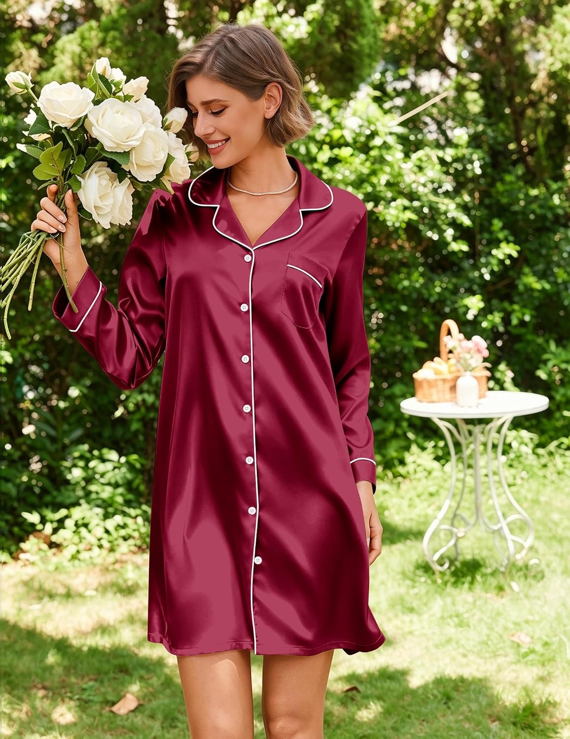 image:imageEkouaer Satin Nightgowns for Women Silk Sleep Shirts Button Down SleepwearWine Red
