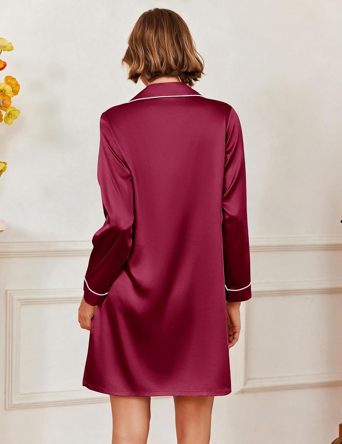 image:imageEkouaer Satin Nightgowns for Women Silk Sleep Shirts Button Down SleepwearWine Red